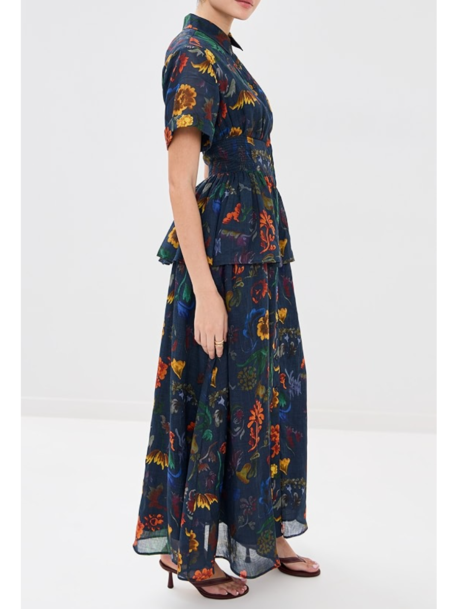 Collared Neck Floral Print Maxi Dress