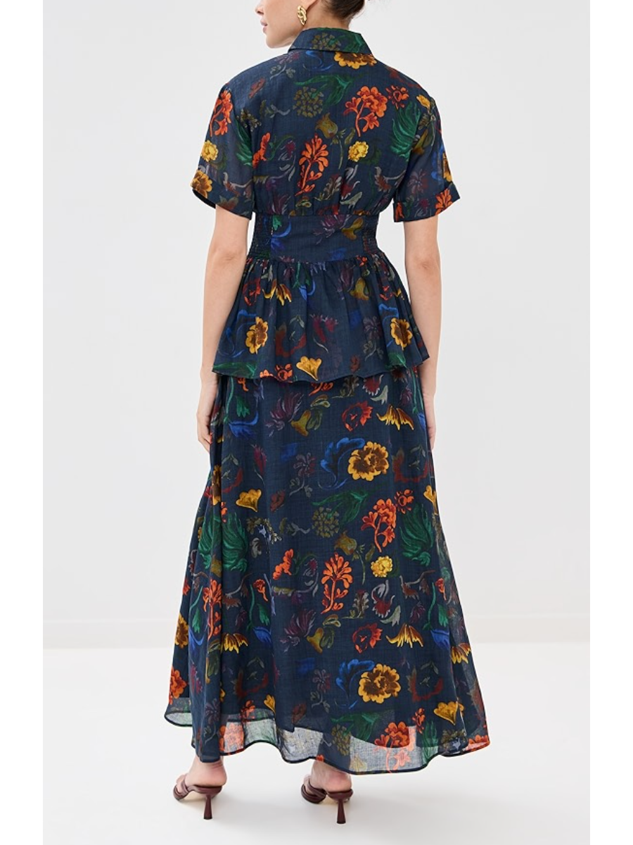 Collared Neck Floral Print Maxi Dress
