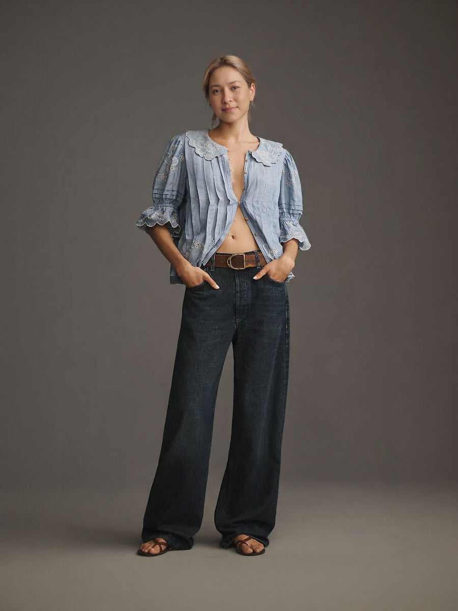 Short-Sleeve Collared Pleated Blouse