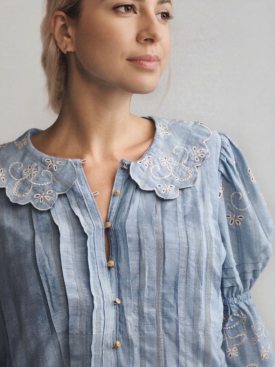Short-Sleeve Collared Pleated Blouse