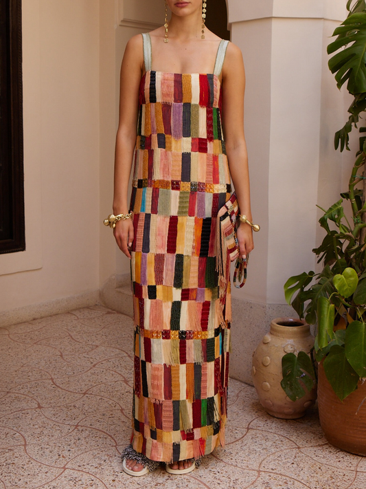 Artistic Multicolored Fringe Maxi Dress