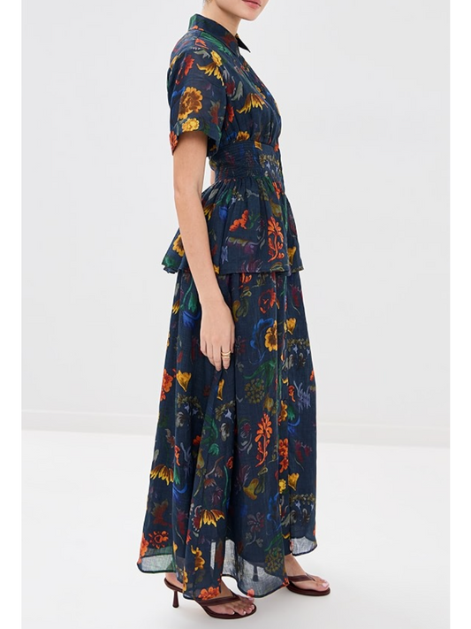 Collared Neck Floral Print Maxi Dress