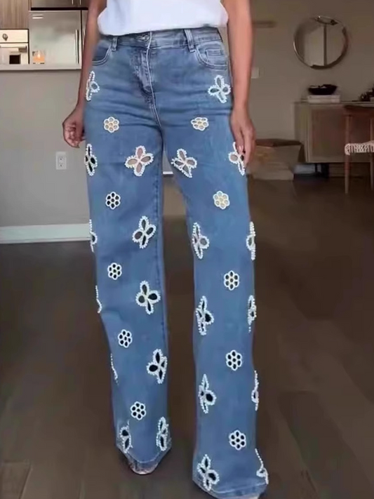 Embroidered Pearl Hollow-out Stretch Straight Pants