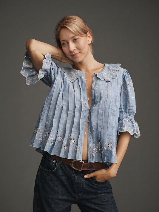 Short-Sleeve Collared Pleated Blouse
