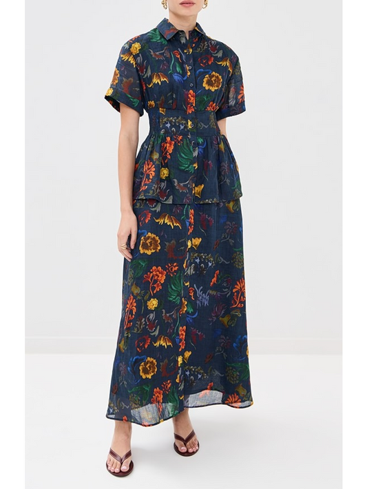 Collared Neck Floral Print Maxi Dress